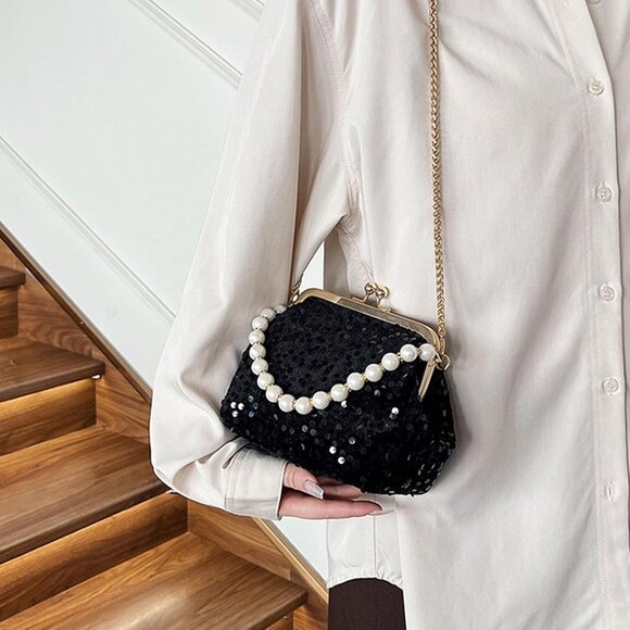 Glamorous Evening Clutch with Glitter Sequins & Pearl, Ideal for Weddings & Prom - Picture 6 of 7